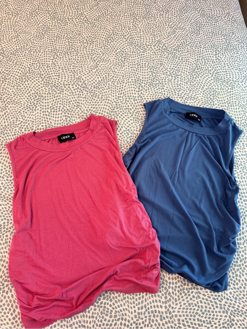 Cider Two Ruched Sleeveless Tops Pink and Teal Blue 0XL Bundle